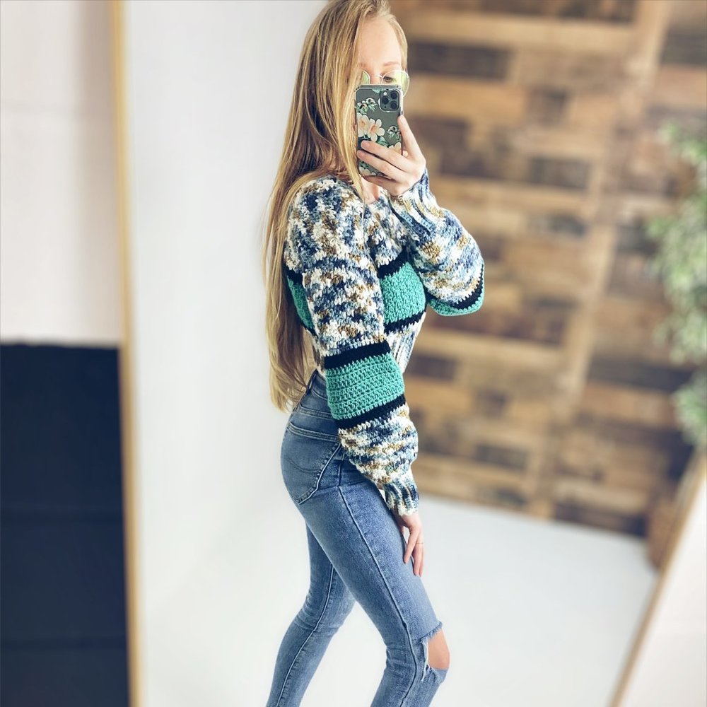 HANDMADE | Turquoise Multicolored Crochet Cropped Colorblock Oversized Pullover
